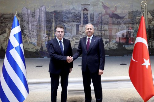 Interior Minister Ali Yerlikaya (R) meets with Greek Citizen Protection Minister Michalis Chrisochoidis (L), the Presidential Dolmabahçe Office, Istanbul, Türkiye, Dec. 18, 2025. (AA Photo)