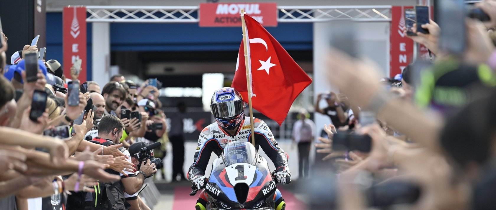 Toprak Razgatlıoğlu crosses the line to victory in the Tissot Superpole at the 11th round of the 2025 WSBK, Estoril, Portugal, Oct. 12, 2025. (AA Photo)