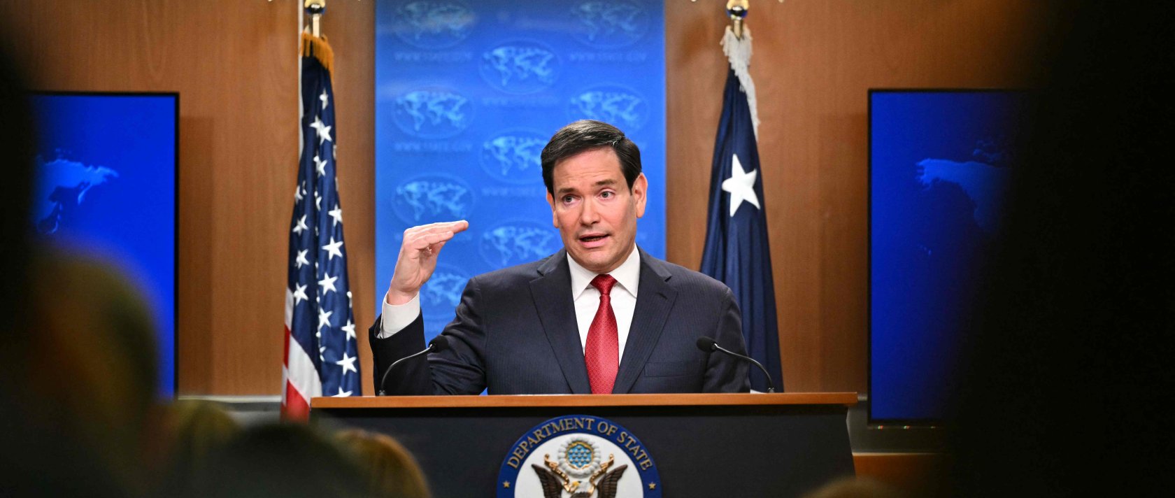 U.S. Secretary of State Marco Rubio gestures as he speaks during an end-of-year press conference in the State Department Press Briefing Room in Washington, D.C., Dec. 19, 2025. (AFP Photo)
