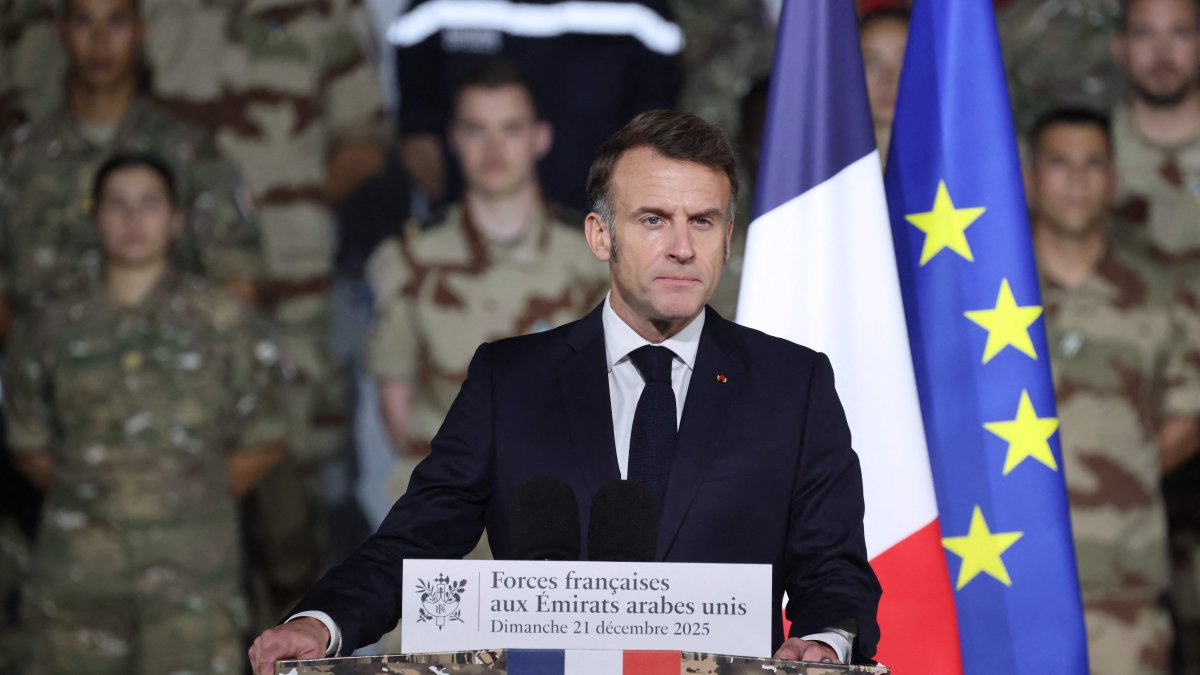 France's President Emmanuel Macron addresses French troops during a ceremony at the 5th Cuirassier Regiment's base in Zayed Military City, near Abu Dhabi, United Arab Emirates (UAE), Dec. 21, 2025. (AFP Photo)