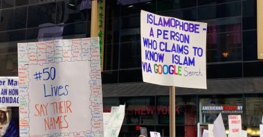 Protests take place against Islamophobia after the two consecutive terrorist mass shootings that took place in Christchurch, New Zealand, Times Square, New York, U.S., March 24, 2019. (Shutterstock Photo)