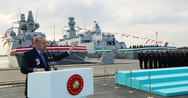 President Recep Tayyip Erdoğan speaks during the naval ceremony marking commissioning, flag raising and first steel cutting ceremony of offshore platforms, Istanbul, Türkiye, Dec. 20, 2025. (AA Photo)