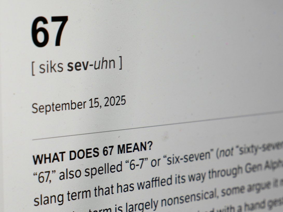 This Dictionary.com page shows the newest word of the year "6-7" on a computer screen, Chicago, U.S., Oct. 30, 2025. (AP Photo)