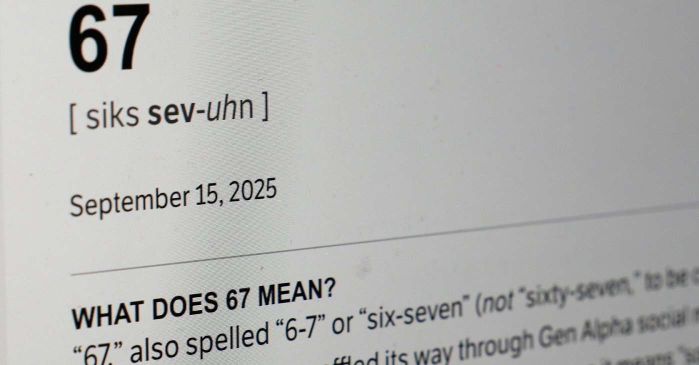 This Dictionary.com page shows the newest word of the year "6-7" on a computer screen, Chicago, U.S., Oct. 30, 2025. (AP Photo)