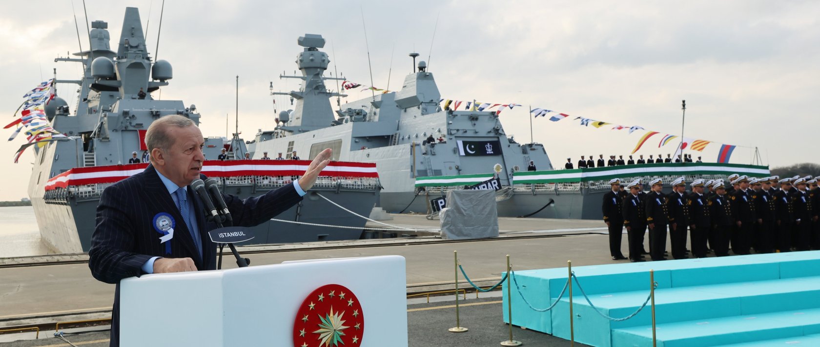 President Recep Tayyip Erdoğan speaks during the naval ceremony marking commissioning, flag raising and first steel cutting ceremony of offshore platforms, Istanbul, Türkiye, Dec. 20, 2025. (AA Photo)