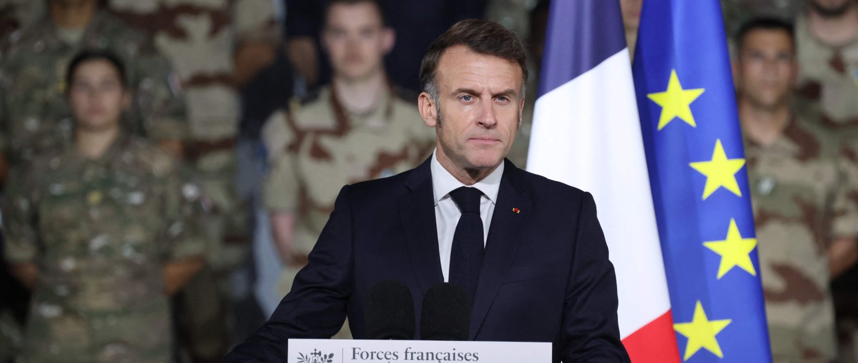 France's President Emmanuel Macron addresses French troops during a ceremony at the 5th Cuirassier Regiment's base in Zayed Military City, near Abu Dhabi, United Arab Emirates (UAE), Dec. 21, 2025. (AFP Photo)