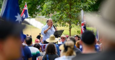 Former member of parliament, Craig Kelly, speaks during the anti-immigration "Put Australia First" rally, Sydney, Australia, Dec. 21, 2025, (AFP Photo)