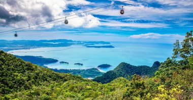 A view of a breathtaking cable car ride over tropical islands and the serene ocean, Langkawi, Malaysia. (Shutterstock Photo)