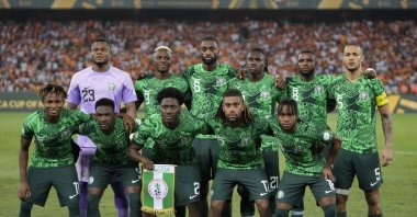 The Nigeria team pose for a group photo before the African Cup of Nations final match against the Ivory Coast, at the Olympic Stadium of Ebimpe, Abidjan, Ivory Coast, Feb. 11, 2024. (AP Photo)