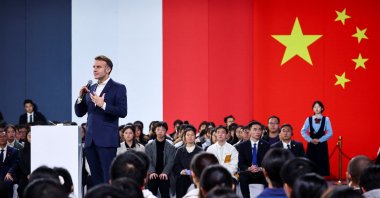 French President Emmanuel Macron speaks as he meets students during a visit to Sichuan University, Chengdu, Sichuan province, China, Dec. 5, 2025. (Reuters Photo)