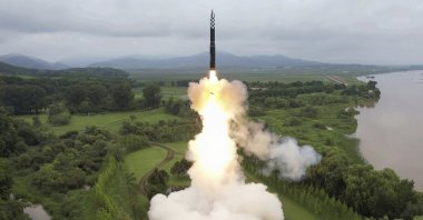 This file photo shows North Korean test-firing of a Hwasong-18 ICBM, at an undisclosed location in North Korea, July 12, 2023. (AP Photo)