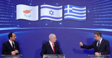 (L to R) Greek Cypriot leader Nikos Christodoulides, Israeli Prime Minister Benjamin Netanyahu and Greek Prime Minister Kyriakos Mitsotakis hold a joint press conference after a trilateral meeting at the Citadel of David Hotel in Jerusalem, Dec. 22, 2025. (Reuters Photo)