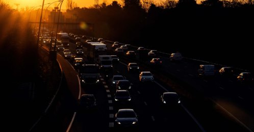 This photograph shows cars in heavy traffic as the sun rises on the road ring (peripherique) in Toulouse, southwestern France, Türkiye, Feb. 6, 2025.