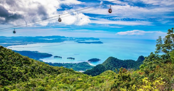 A view of a breathtaking cable car ride over tropical islands and the serene ocean, Langkawi, Malaysia. (Shutterstock Photo)