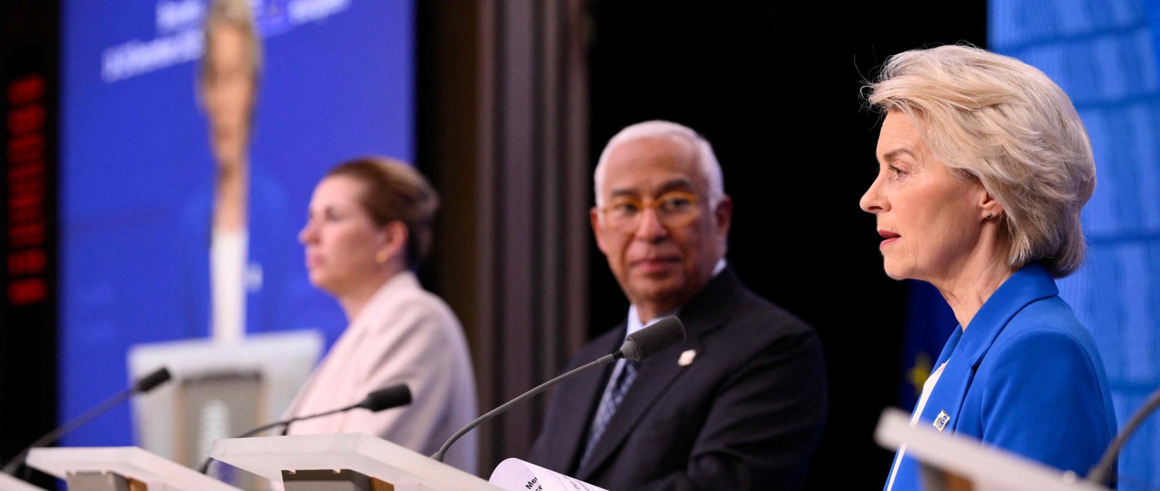 European Commission President Ursula von der Leyen (R) speaks as European Council President Antonio Costa (C) and Denmark's Prime Minister Mette Frederiksen listen after a European Council meeting, Brussels, Belgium, Dec. 19, 2025. (AFP Photo)