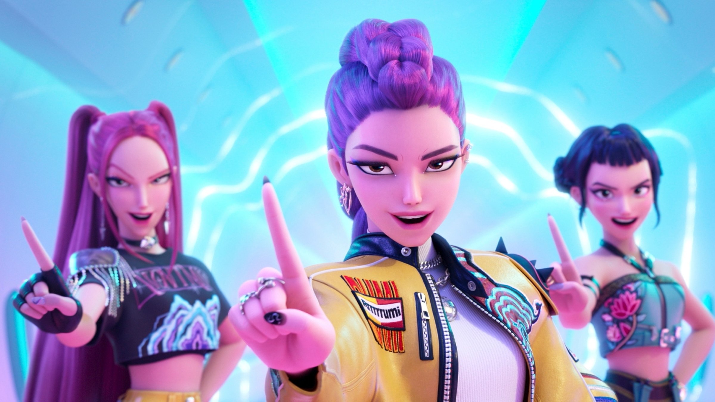 This image released by Netflix shows characters, from left, Mira, Rumi and Zoey in a scene from "KPop Demon Hunters." (AP Photo)