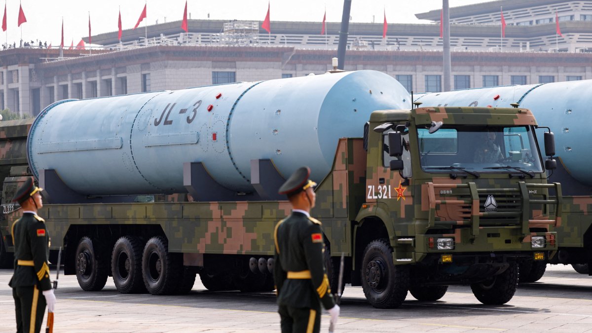 PLA members stand as the strategic strike group displays JL-3 intercontinental-range submarine-launched ballistic missiles during a military parade, in Beijing, China, Sept. 3, 2025. (Reuters Photo)