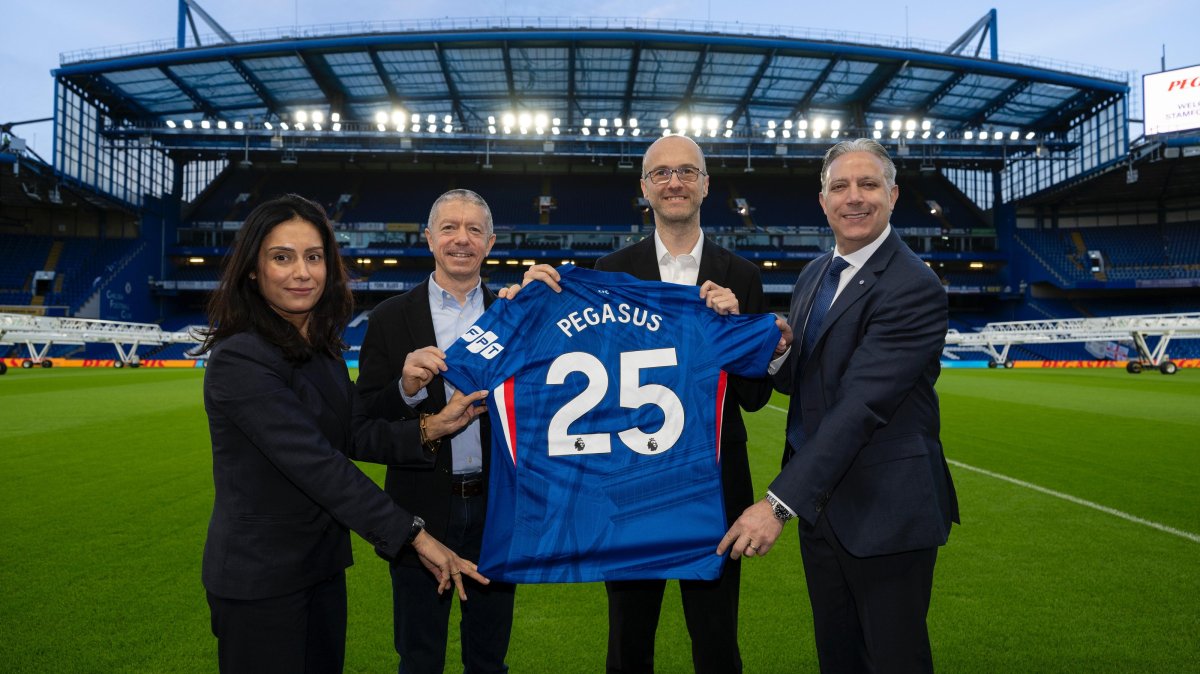 Pegasus Airlines and Chelsea FC executives pose for a photo at Stamford Bridge, London, Britain, Dec. 23, 2025. (Courtesy of Pegasus Airlines)