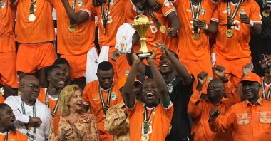 Ivory Coast players celebrate after winning the African Cup of Nations final match against Nigeria at Stade Olympique Alassane Ouattara, Abidjan, Ivory Coast, Feb. 11, 2024. (Getty Images Photo)