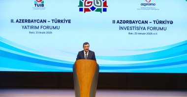 Vice President Cevdet Yılmaz speaks during the Azerbaijan-Türkiye Investment Forum, Baku, Azerbaijan, Dec. 23, 2025. (AA Photo)