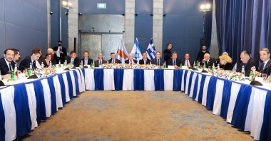 Israeli Prime Minister Benjamin Netanyahu (C), Greek Prime Minister Kyriakos Mitsotakis (R) and Greek Cypriot leader Nikos Christodoulides attend a trilateral summit, west Jerusalem, Israel, Dec. 22, 2025. (AFP Photo)