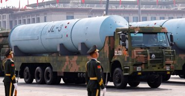 PLA members stand as the strategic strike group displays JL-3 intercontinental-range submarine-launched ballistic missiles during a military parade, in Beijing, China, Sept. 3, 2025. (Reuters Photo)