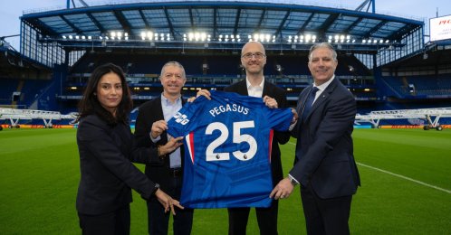 Pegasus Airlines and Chelsea FC executives pose for a photo at Stamford Bridge, London, Britain, Dec. 23, 2025. (Courtesy of Pegasus Airlines)