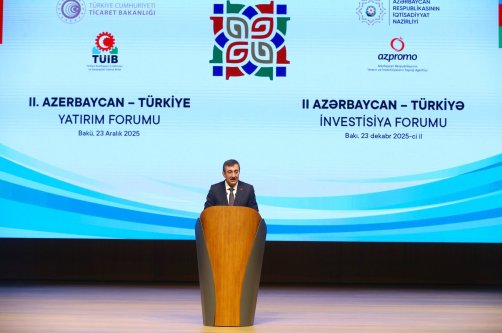 Vice President Cevdet Yılmaz speaks during the Azerbaijan-Türkiye Investment Forum, Baku, Azerbaijan, Dec. 23, 2025. (AA Photo)