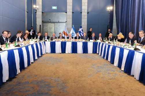 Israeli Prime Minister Benjamin Netanyahu (C), Greek Prime Minister Kyriakos Mitsotakis (R) and Greek Cypriot leader Nikos Christodoulides attend a trilateral summit, west Jerusalem, Israel, Dec. 22, 2025. (AFP Photo)