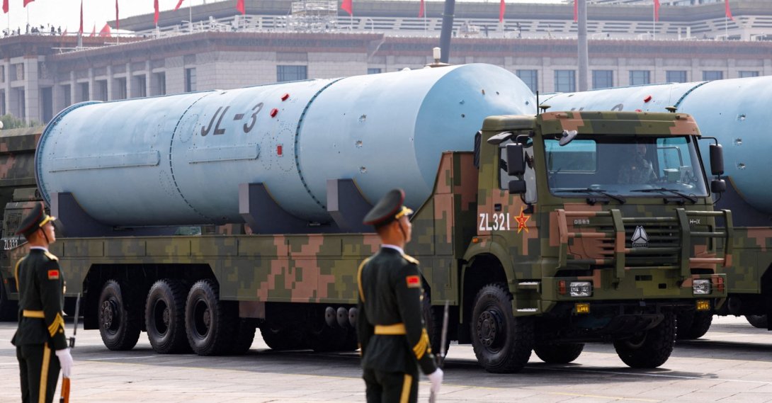 PLA members stand as the strategic strike group displays JL-3 intercontinental-range submarine-launched ballistic missiles during a military parade, in Beijing, China, Sept. 3, 2025. (Reuters Photo)