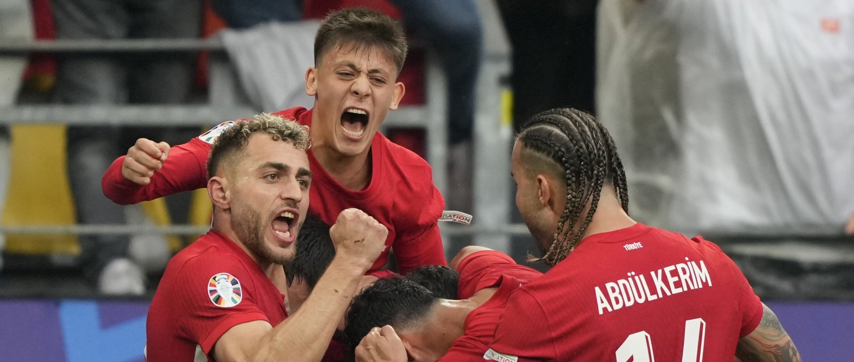 Türkiye's players celebrate after Mert Muldur's goal during a Group F match against Georgia at the Euro 2024 tournament, Dortmund, Germany, June 18, 2024. (AP Photo)