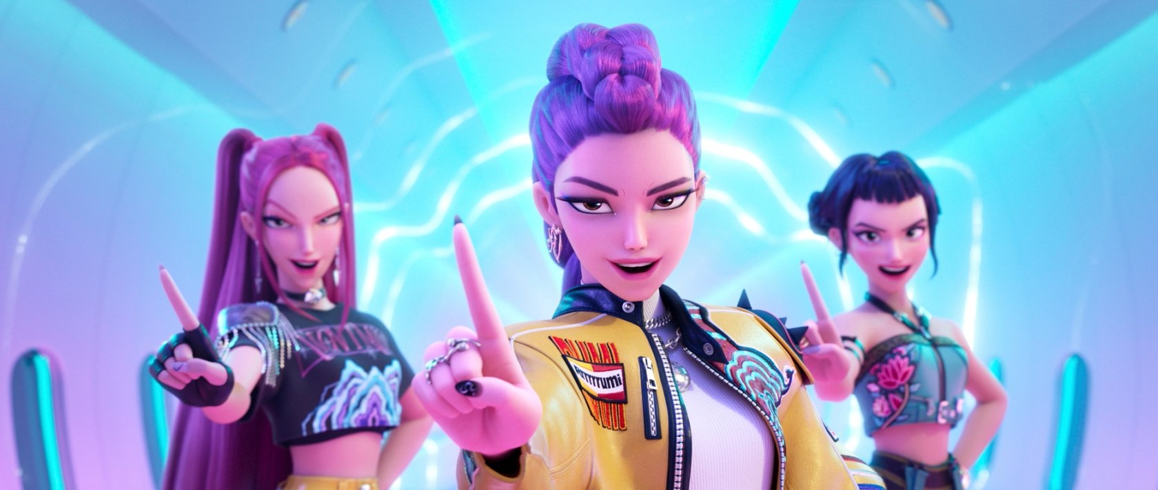 This image released by Netflix shows characters, from left, Mira, Rumi and Zoey in a scene from "KPop Demon Hunters." (AP Photo)