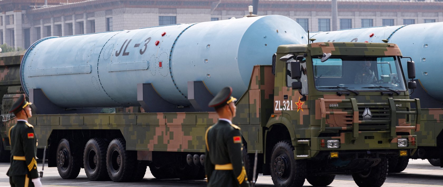 PLA members stand as the strategic strike group displays JL-3 intercontinental-range submarine-launched ballistic missiles during a military parade, in Beijing, China, Sept. 3, 2025. (Reuters Photo)