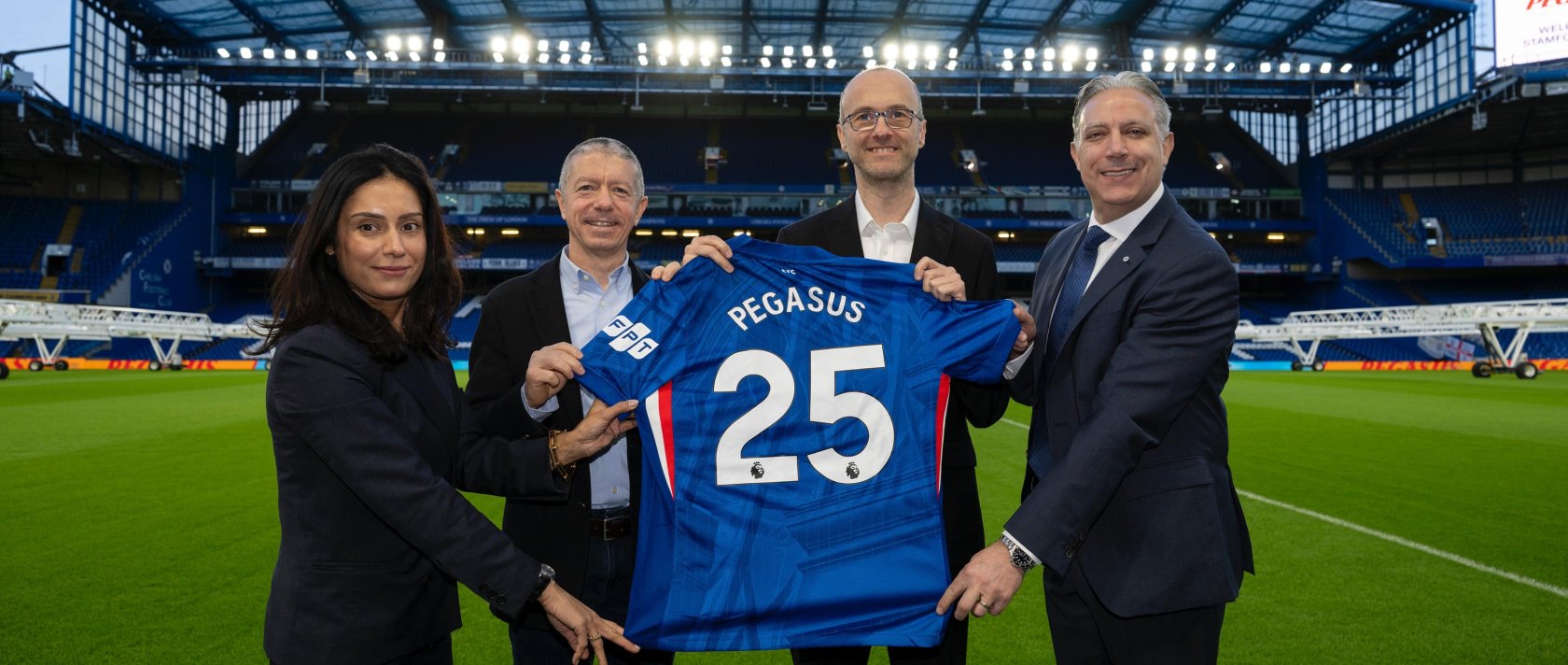 Pegasus Airlines and Chelsea FC executives pose for a photo at Stamford Bridge, London, Britain, Dec. 23, 2025. (Courtesy of Pegasus Airlines)
