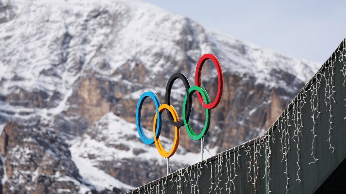 A general view shows the Olympic rings on the Cortina Curling Olympic Stadium, which will host the curling, wheelchair curling, and Paralympic closing ceremony during the Milano Cortina Winter Olympic Games 2026, Cortina, Italy, Jan. 25, 2025. (Reuters Photo)