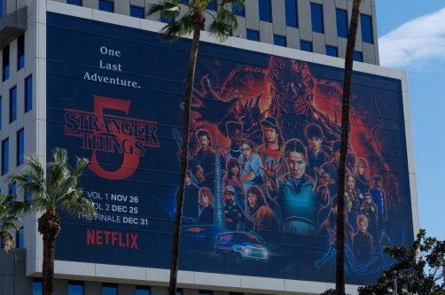 The Netflix logo and an advertisement for "Stranger Things," Hollywood, Los Angeles, California, U.S., Dec. 2, 2025. (Reuters Photo)