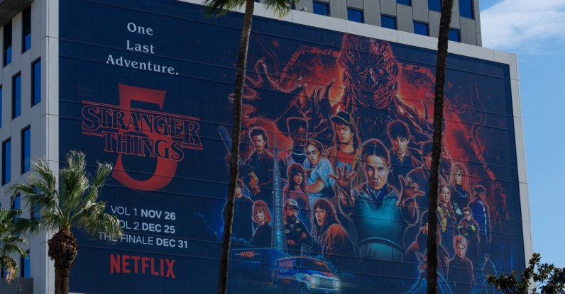 The Netflix logo and an advertisement for "Stranger Things," Hollywood, Los Angeles, California, U.S., Dec. 2, 2025. (Reuters Photo)