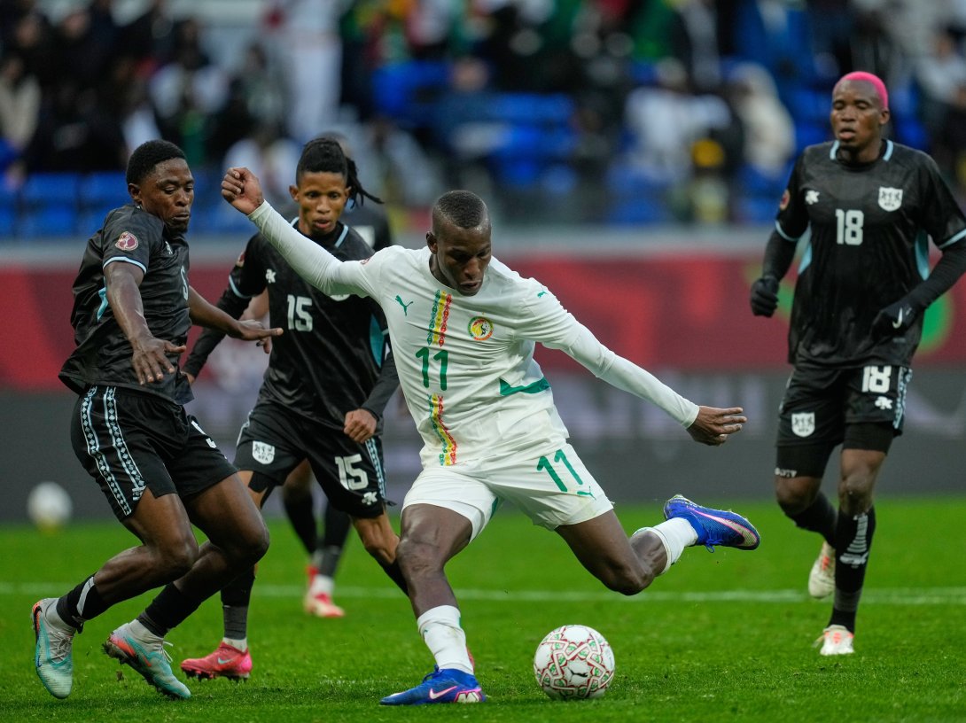 Senegal's Nicolas Jackson scores during the Africa Cup of Nations group D match between Senegal and Botswana, Tangier, Morocco, Dec. 23, 2025. (AP Photo)