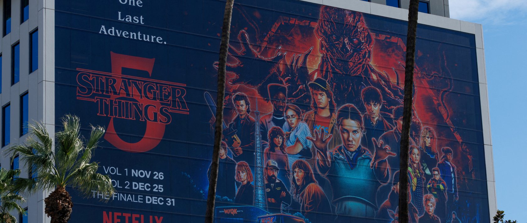 The Netflix logo and an advertisement for "Stranger Things," Hollywood, Los Angeles, California, U.S., Dec. 2, 2025. (Reuters Photo)