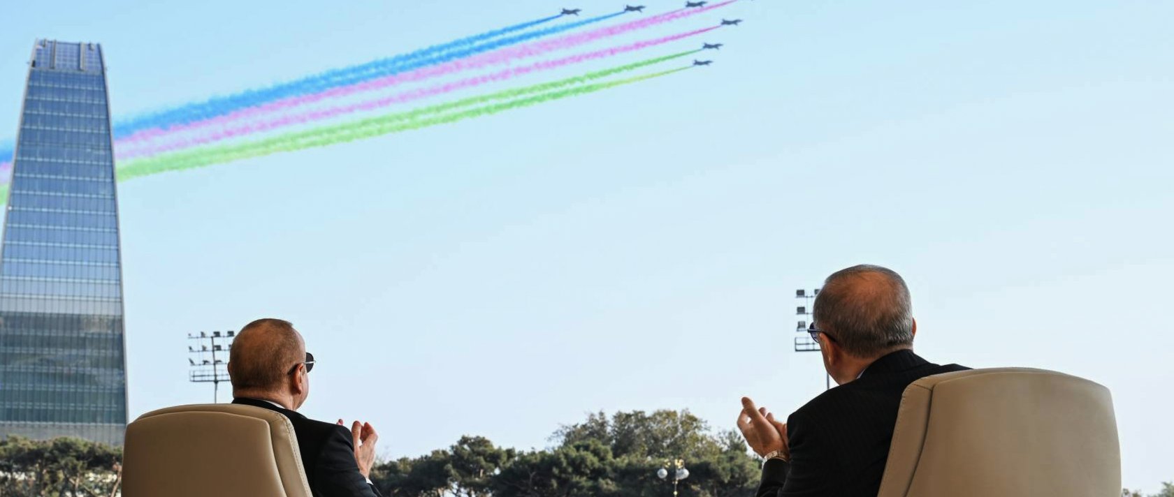 Azerbaijani President Ilham Aliyev (L) and President Recep Tayyip Erdoğan watch a military parade, Baku, Azerbaijan, Nov. 8, 2025. (AP Photo)
