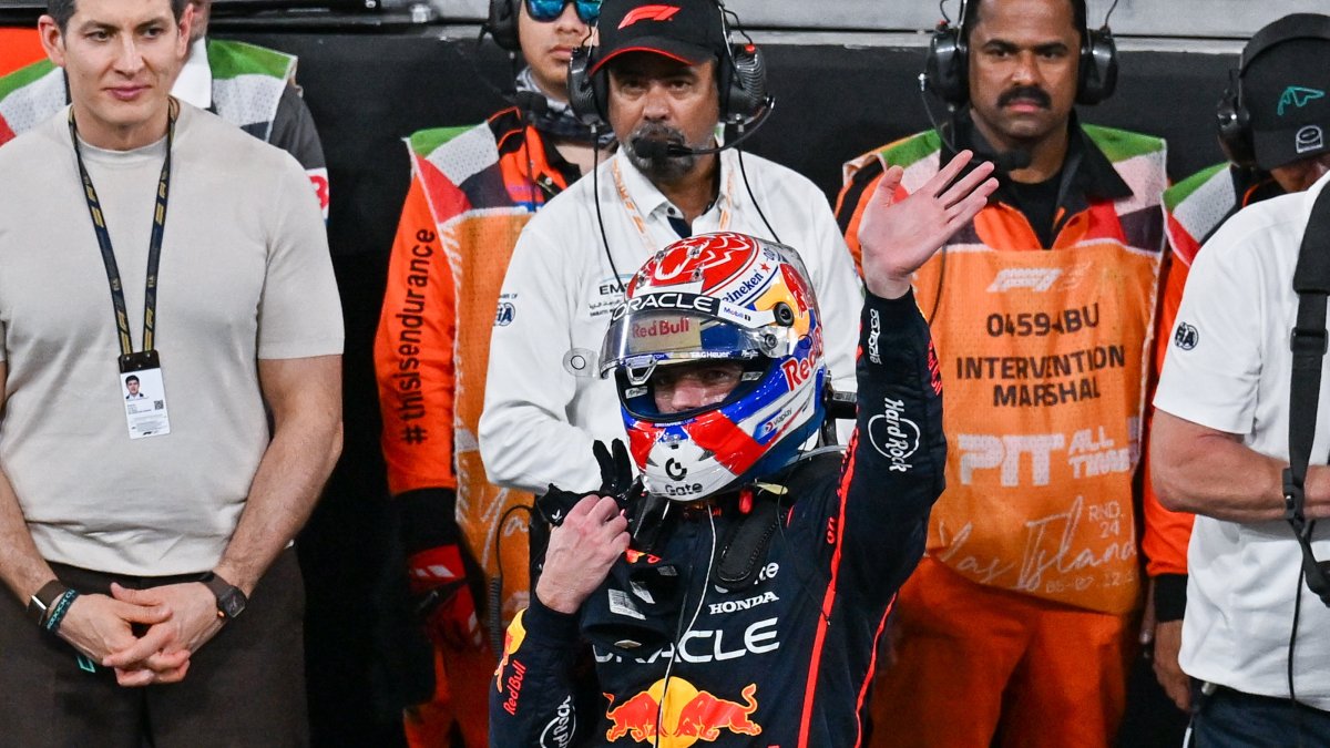 Red Bull’s Dutch driver Max Verstappen (C) celebrates after a win at the Yas Marina Circuit during the Abu Dhabi Grand Prix, Abu Dhabi, UAE, Dec. 8, 2025. (AA Photo)
