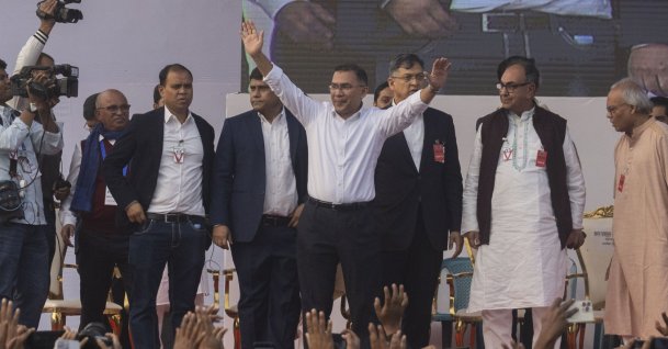 Tarique Rahman, acting chairman of the Bangladesh Nationalist Party (BNP), waves to supporters during a rally after his arrival in Dhaka, Bangladesh, Dec. 25, 2025. (AA Photo)