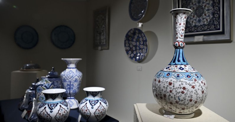 Ceramics are on display at the “In the Footsteps of a Heritage” exhibition at the Presidential National Library, Ankara, Türkiye, Dec. 25, 2025. (AA Photo)