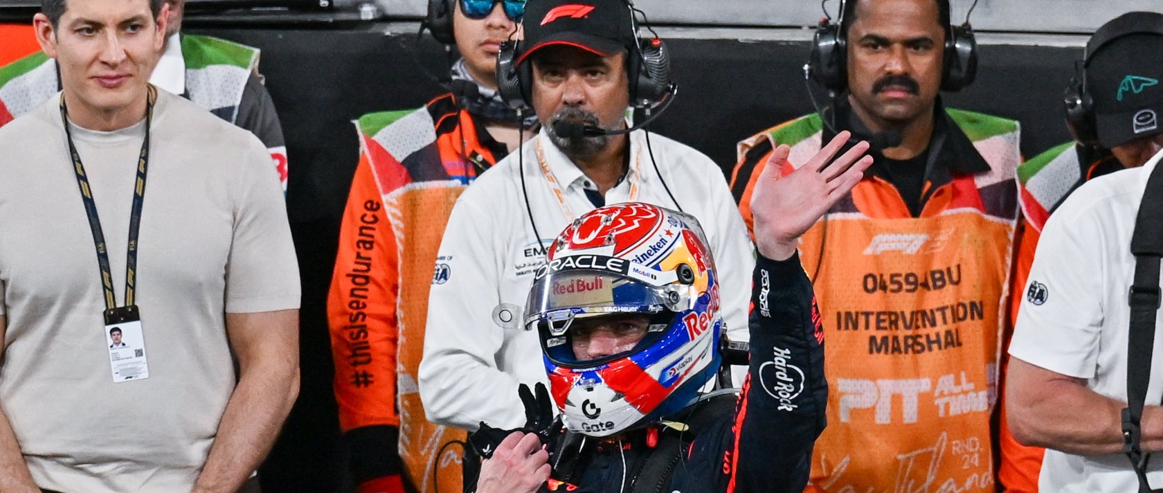 Red Bull’s Dutch driver Max Verstappen (C) celebrates after a win at the Yas Marina Circuit during the Abu Dhabi Grand Prix, Abu Dhabi, UAE, Dec. 8, 2025. (AA Photo)
