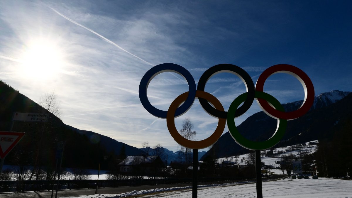 A picture shows the Olympic rings in Anterselva, which will host the biathlon competition ahead of Milano Cortina 2026 Games, Dec. 12, 2025. (AFP Photo)