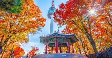 Namsan Tower and pavilion during the autumn leaves, Seoul, South Korea. (Shutterstock Photo)