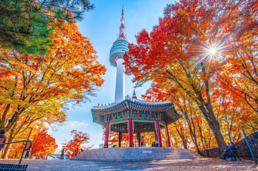 Namsan Tower and pavilion during the autumn leaves, Seoul, South Korea. (Shutterstock Photo)