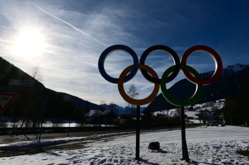 A picture shows the Olympic rings in Anterselva, which will host the biathlon competition ahead of Milano Cortina 2026 Games, Dec. 12, 2025. (AFP Photo)