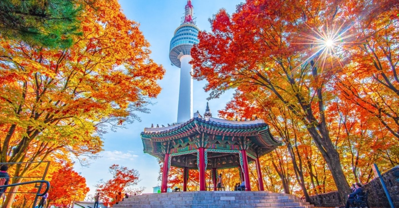 Namsan Tower and pavilion during the autumn leaves, Seoul, South Korea. (Shutterstock Photo)