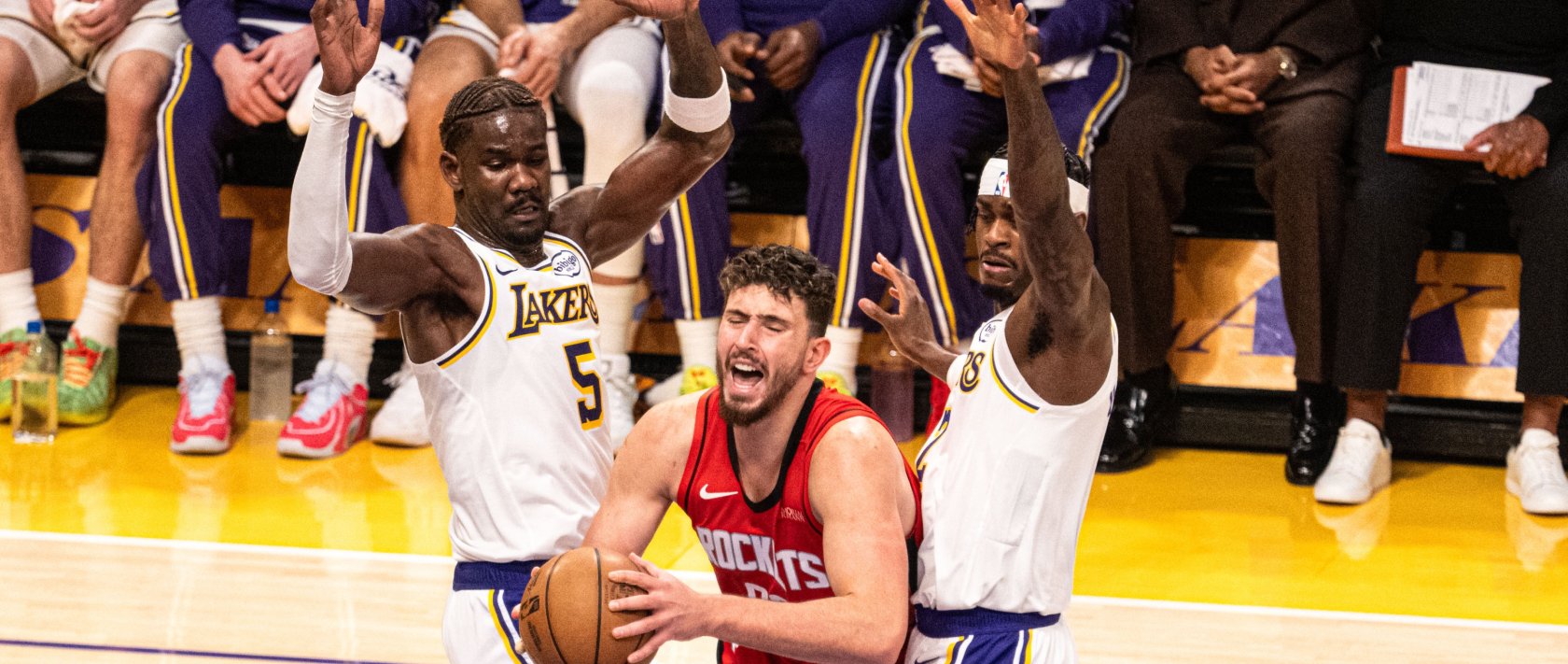 Houston Rockets' Alperen Şengün (C) in action during the NBA match against Los Angeles Lakers at the Crypto.com Arena, Los Angeles, U.S., Dec. 26, 2025. (AA Photo)